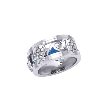 Sea Turtle and Blue Enamel Wave Silver Spinner Ring TRI2447 - Jewelry